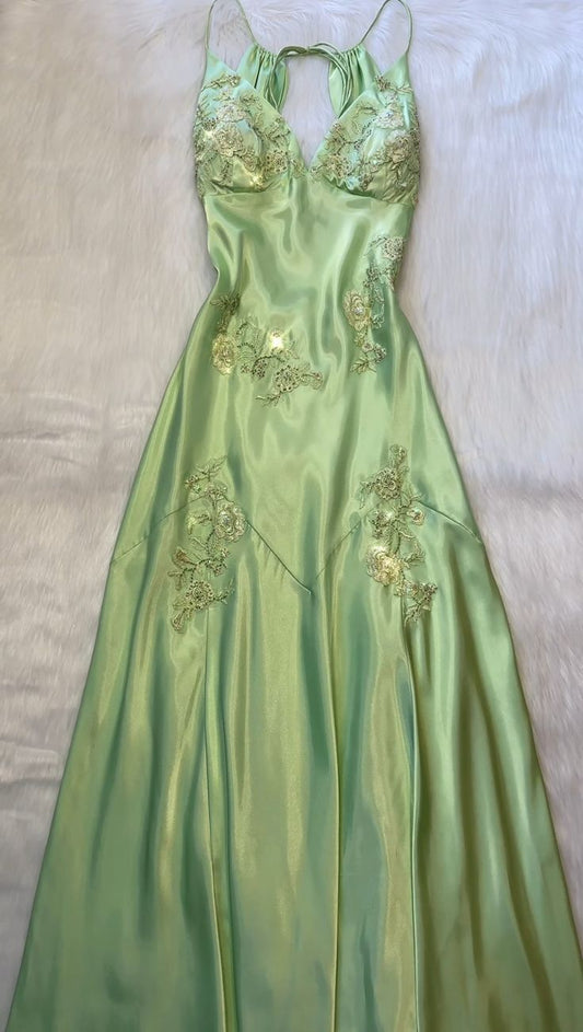 Sexy A Line Sage Green Satin Prom Dresses 21th Birthday Outfit P2107