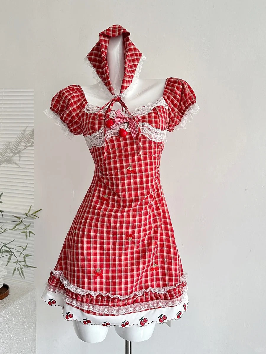 Sweet Retro Red And White Plaid Short-sleeved Waist A-line 15th Birthd PreppyDress Sweet Retro Red And White Plaid Short-sleeved Waist A-line 15th Birthd PreppyDress