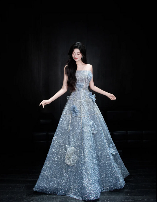 Elegantes blaues, trägerloses A-Linien-Abendkleid aus Tüll mit 3D-Blumenstickerei und Pailletten, langes Ballkleid P4102
