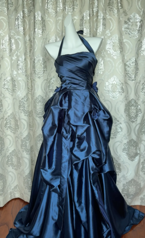 Vintage marineblaues trägerloses Satin-Ballkleid Abendkleid P4109