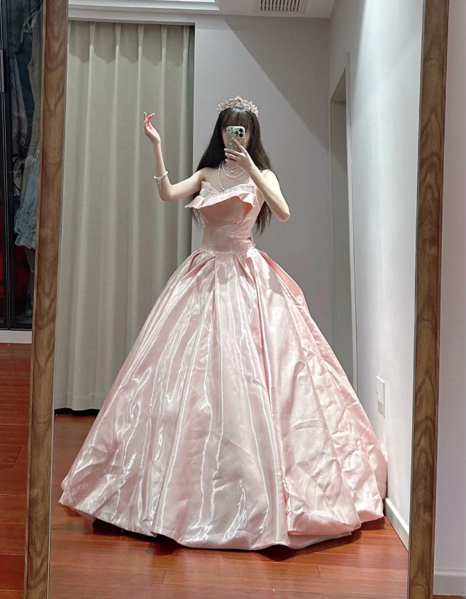 Prinzessin Pink Trägerloses Rüschenhals Satiniertes Bodenlanges Ballkleid Abendkleid 16. Geburtstagskleid P4110