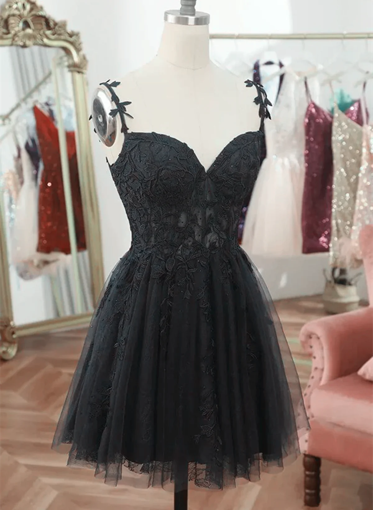 Black V Neck Beaded Tulle and Lace Prom Dress, Cute Black Homecoming Dress P2246 - Same as Picture / US2 Black V Neck Beaded Tulle and Lace Prom Dress, Cute Black Homecoming Dress P2246 - Same as Picture / US2
