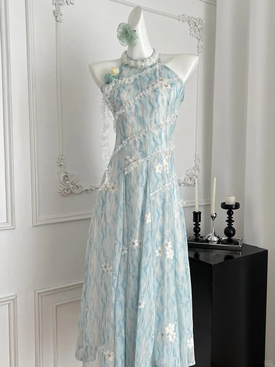 Sweet Blue And White Gradient A-line Halter Neck Chiffon Long Prom Dress Evening Dress P4014