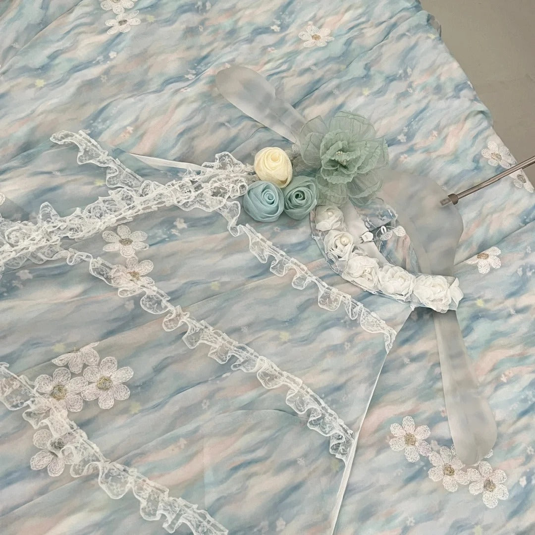 Sweet Blue And White Gradient A-line Halter Neck Chiffon Long Prom Dress Evening Dress P4014