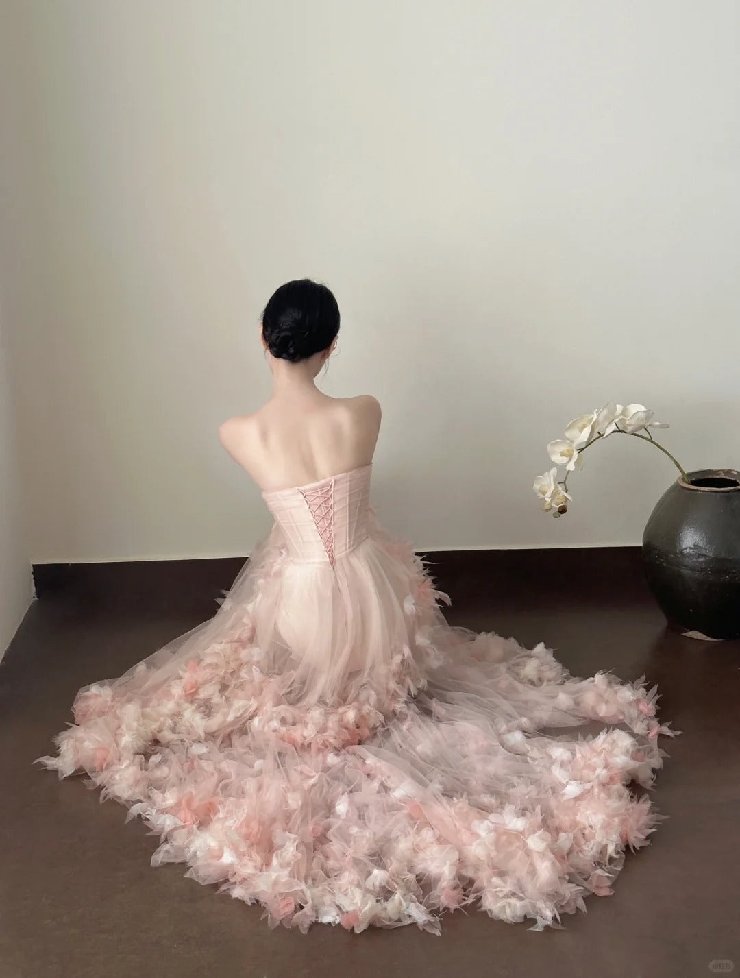 Sweet Pale Pink Mermaid Tail Three-dimensional Petal Long Prom Dress Evening Dress Wedding Dress P4016