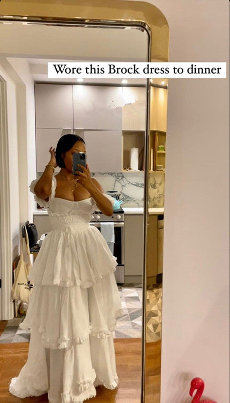 Sexy A line Straps Ruffles Floor Length Chiffon White Prom Dress 1697