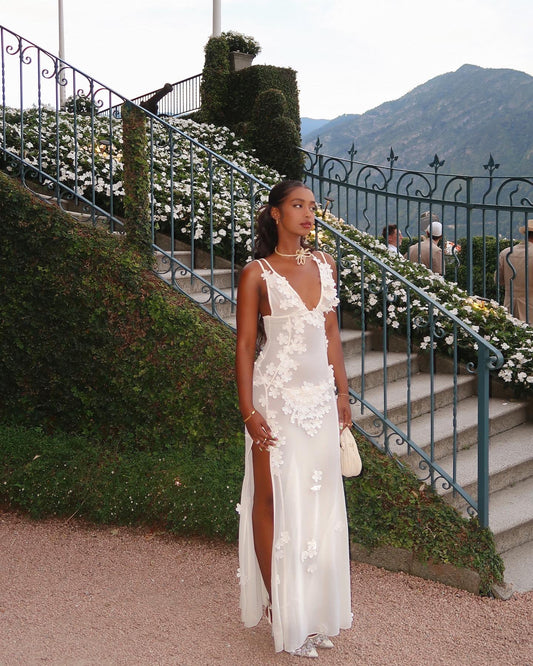 Sexy A line V neckline Floor Length Chiffon White Prom Dress 1698