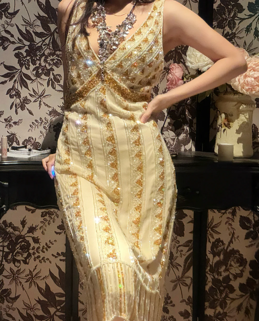 Robe de soirée sirène vintage dorée champagne, col en V, à paillettes P4170