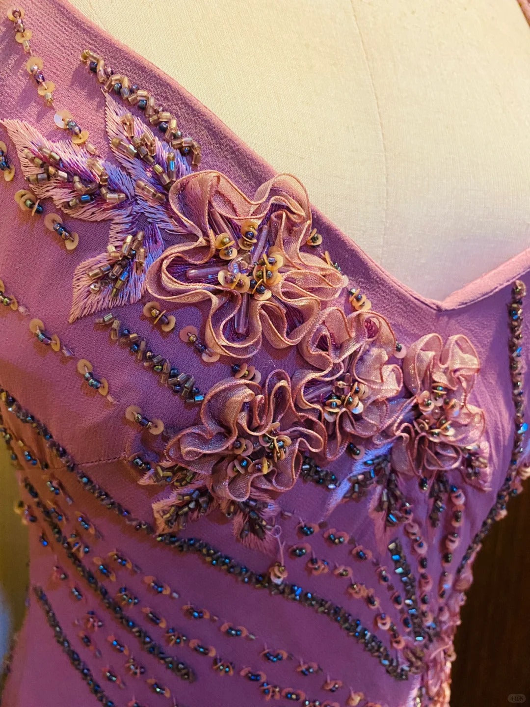 Vintage Lila Pailletten Perlen 3D Blumen Chiffon Abschlussballkleid Abendkleid P4184