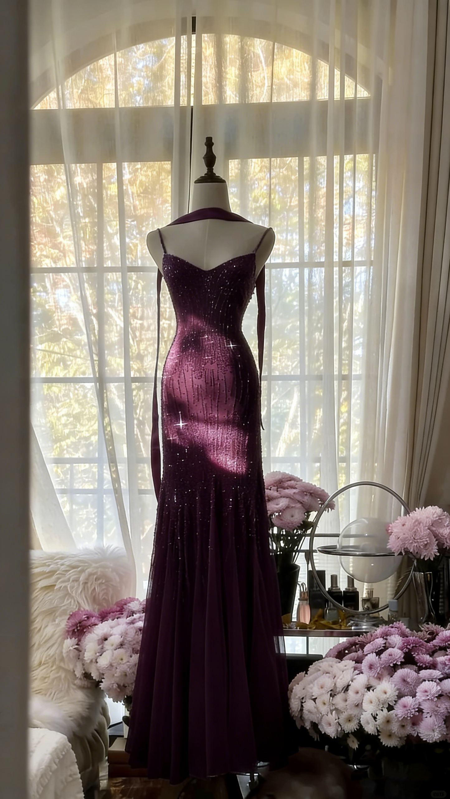 Charmantes lila Chiffon-Meerjungfrauen-Abendkleid mit Perlen P3343