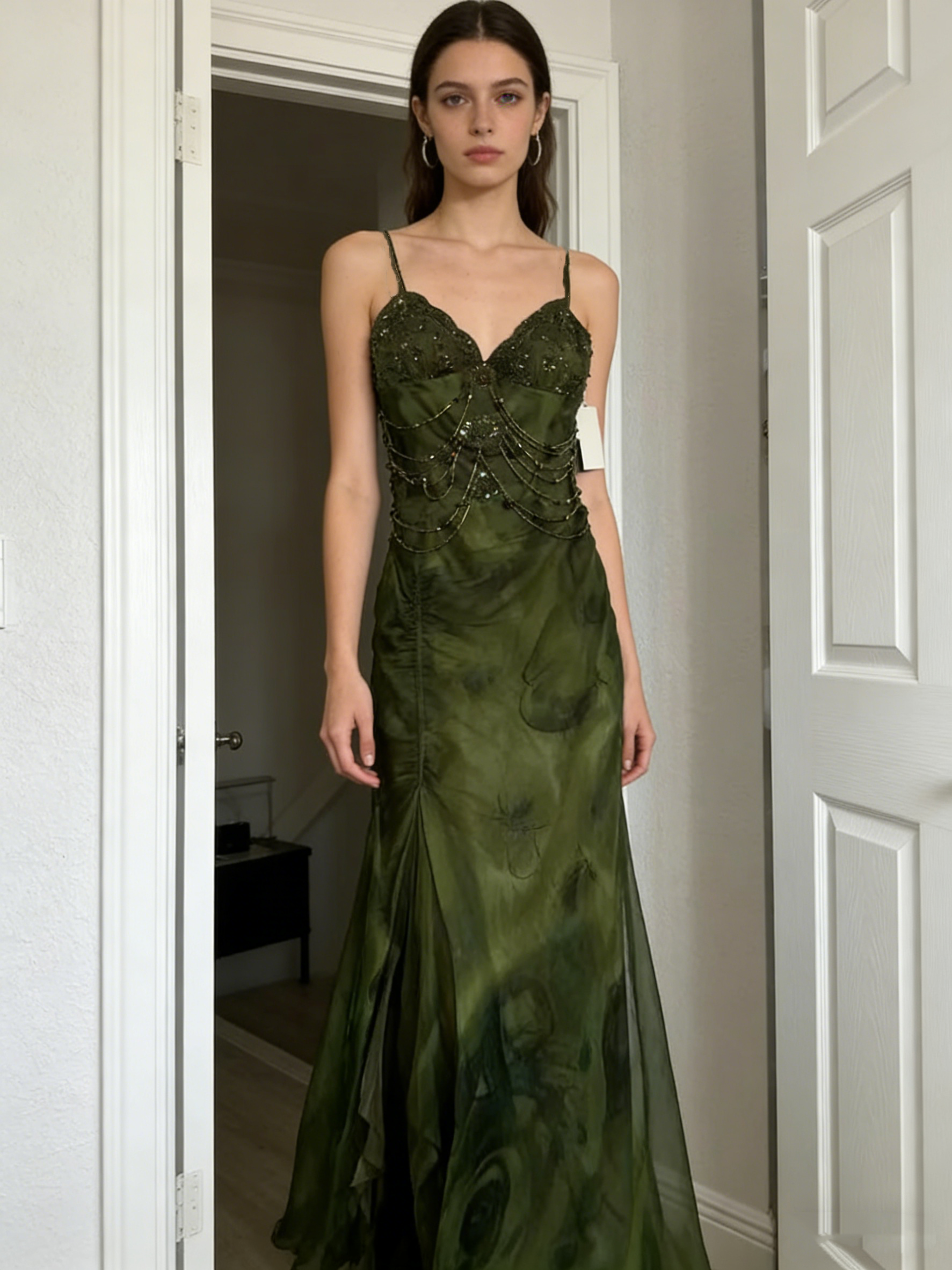 Vintage Dark Green Beaded Strap Chiffon Mermaid Slit Prom Dress P3381 PreppyDress Vintage Dark Green Beaded Strap Chiffon Mermaid Slit Prom Dress P3381 PreppyDress
