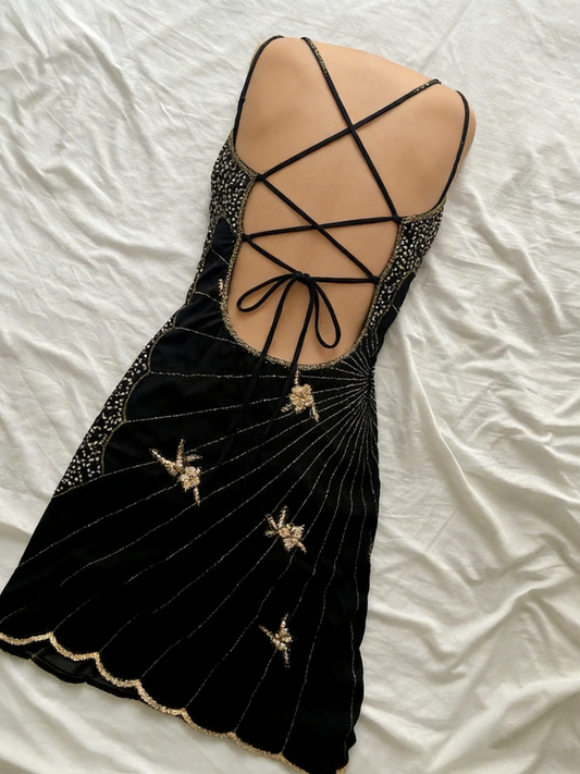 Vintage Black Strapless Butterfly Sequin Birthday Short Skirt Homecoming Dress P3819