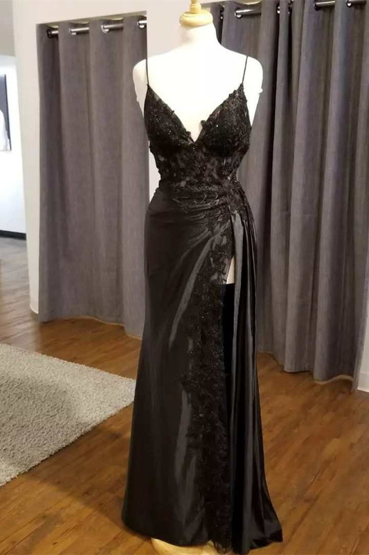 Black Floral Lace V-Neck Long Prom Dress with Slit Birthday Outfits P459