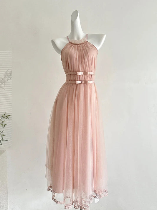 Elegant Pink A-line Halter Neck Waist Tulle Long Prom Dress Evening Dress Bridesmaid Dress P4002