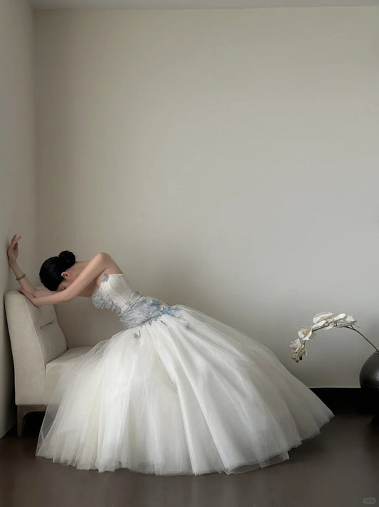 Dreamy White And Blue Gradient A-line Strapless Tulle Long Prom Dress Wedding Dress P4020