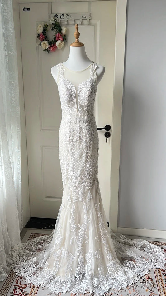 Elegant Retro White Mermaid Round Neck Lace Train Prom Dress Evening Dress Wedding Dress P4207