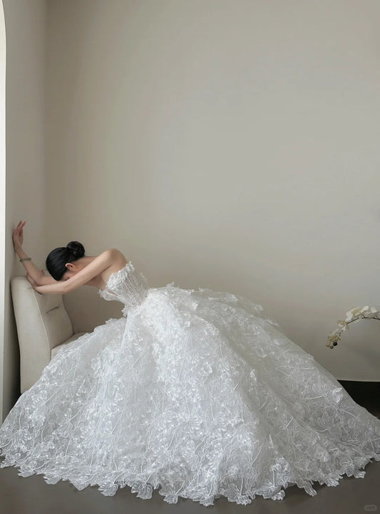 Elegant White Strapless Lace Train Ball Gown Wedding Dress P4022