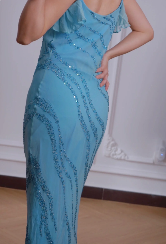 Elegantes blaues Meerjungfrau-Chiffon-langes Ballkleid Abendkleid P4228