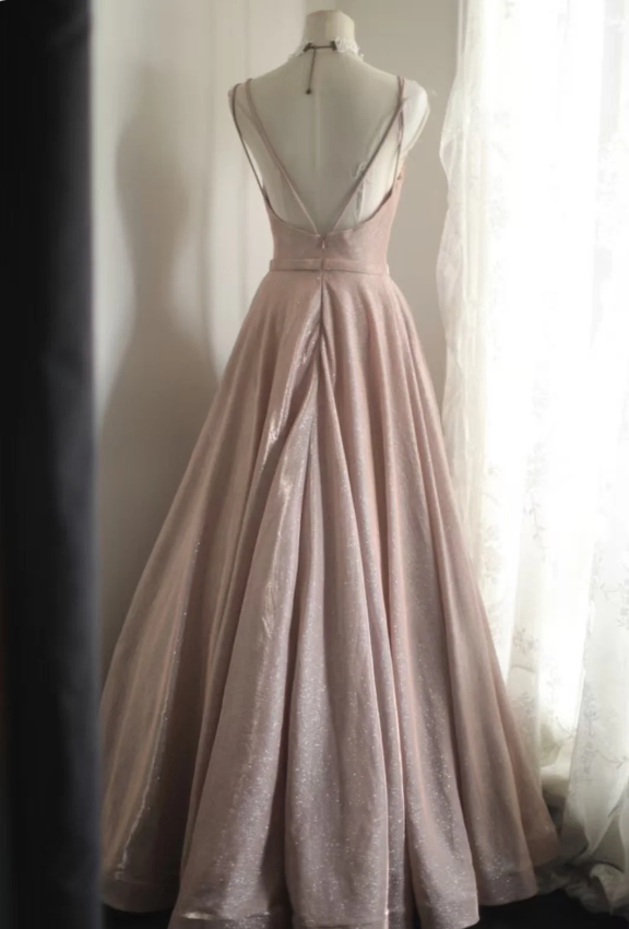 Sweet Pink A-line V-neck Sequined Long Prom Dress Evening Dress Bridesmaid Dress P4246