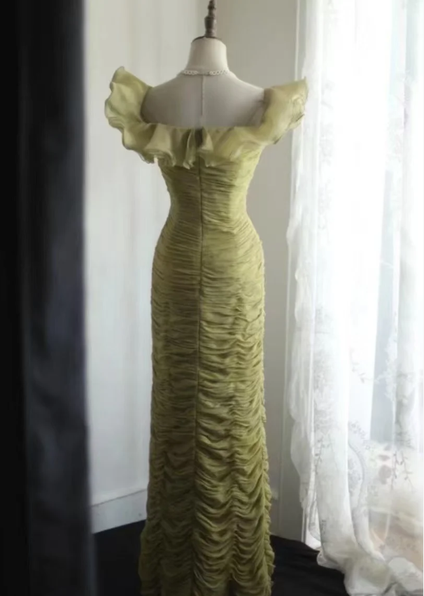 Vintage Green Fitted Off-Shoulder Ruffled Chiffon Long Prom Dress Evening Dress P4247