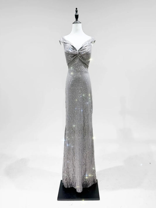 Elegantes graues Meerjungfrau-Abendkleid mit V-Ausschnitt und Pailletten, langes Ballkleid P4252