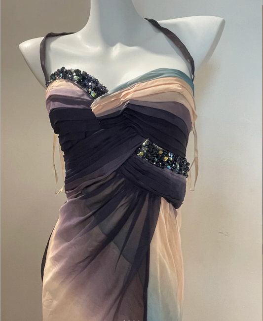 Robe de bal longue en mousseline de soie, style sirène, dégradé de couleurs, col halter, ornée de perles, P4267
