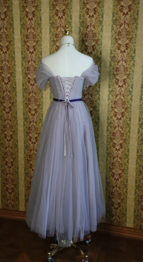 Élégante Robe de Bal Longue en Tulle Coupe A-line Manches Bouffantes Violette Robe de Soirée Robe de Demoiselle d'honneur P4279