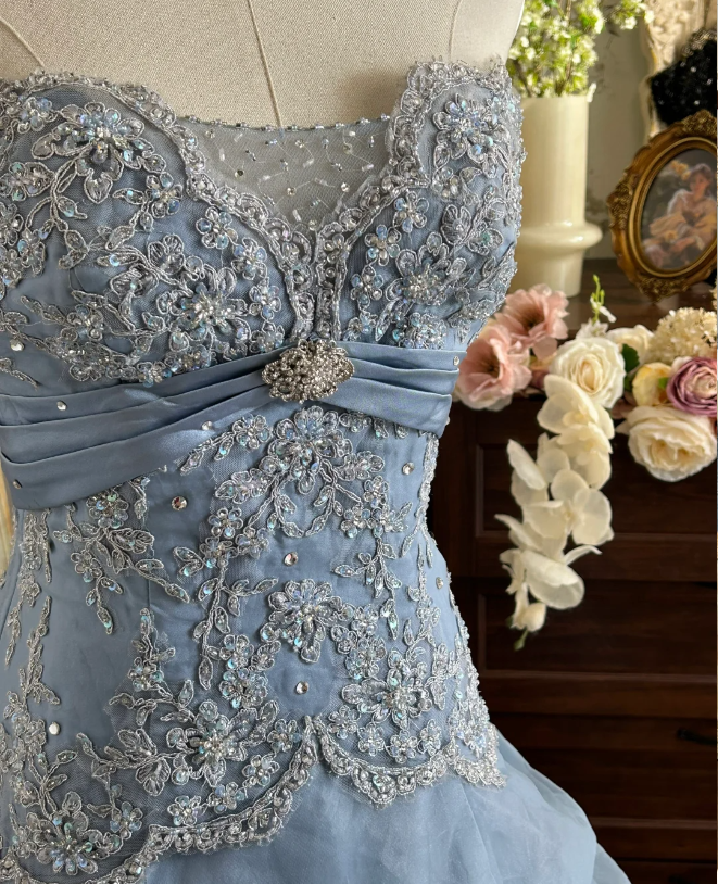 Vintage Prinzessin Hellblau Trägerlos Spitze Bestickt Tüll Ballkleid Abendkleid P4282