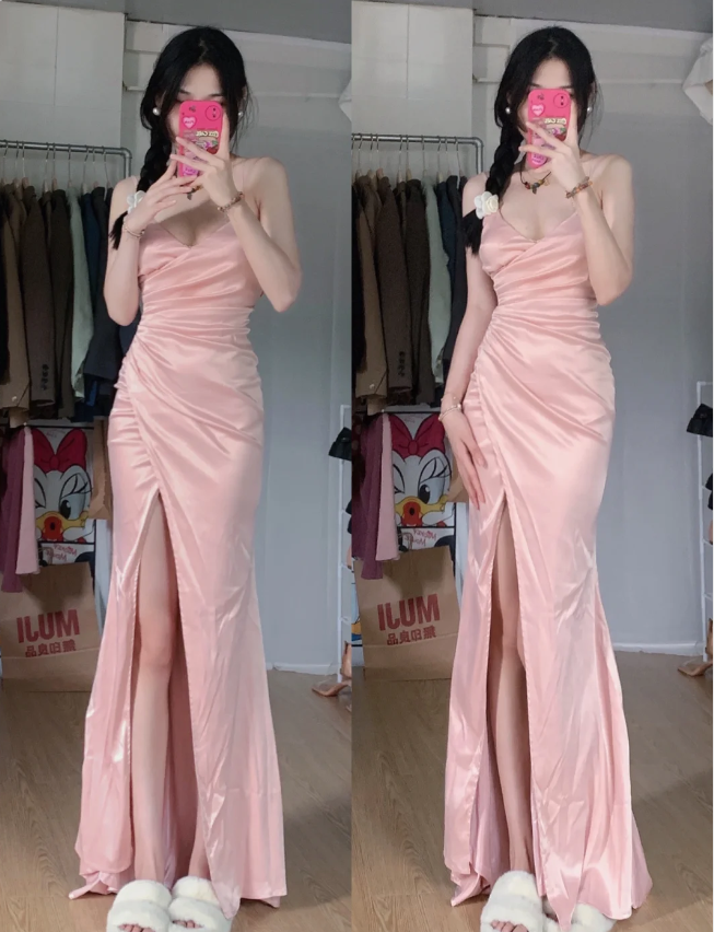 Süßes rosa Meerjungfrau-Abendkleid mit V-Ausschnitt, Spaghettiträgern, Satin und hohem Schlitz P4285