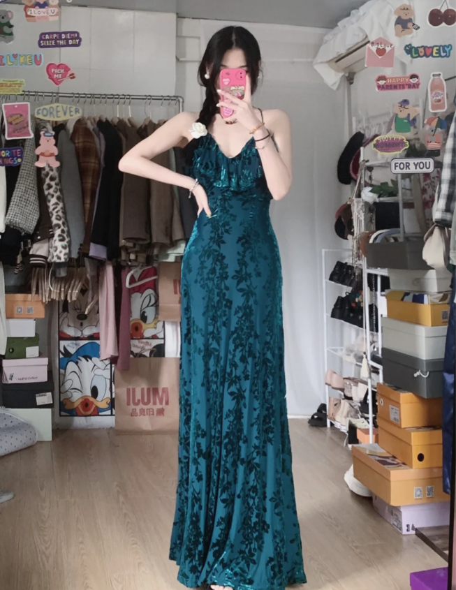 Vintage Hof Dunkelgrün V-Ausschnitt Rüschen Lang Abschlussballkleid Abendkleid P4287