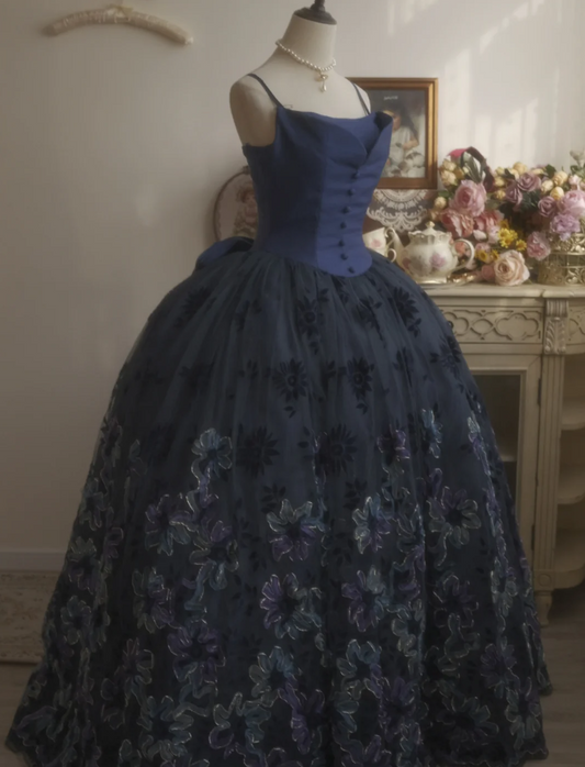 Robe de soirée vintage élégante bleu marine avec nœud brodé, traîne en tulle, robe de bal, robe de 16 ans P4296
