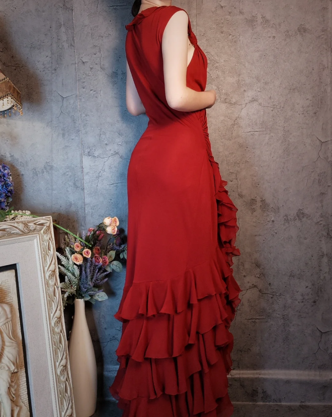 Vintage Burgund Meerjungfrau Tiefer V-Ausschnitt Mehrlagiger Rüschen Chiffon Langes Ballkleid Abendkleid P4314