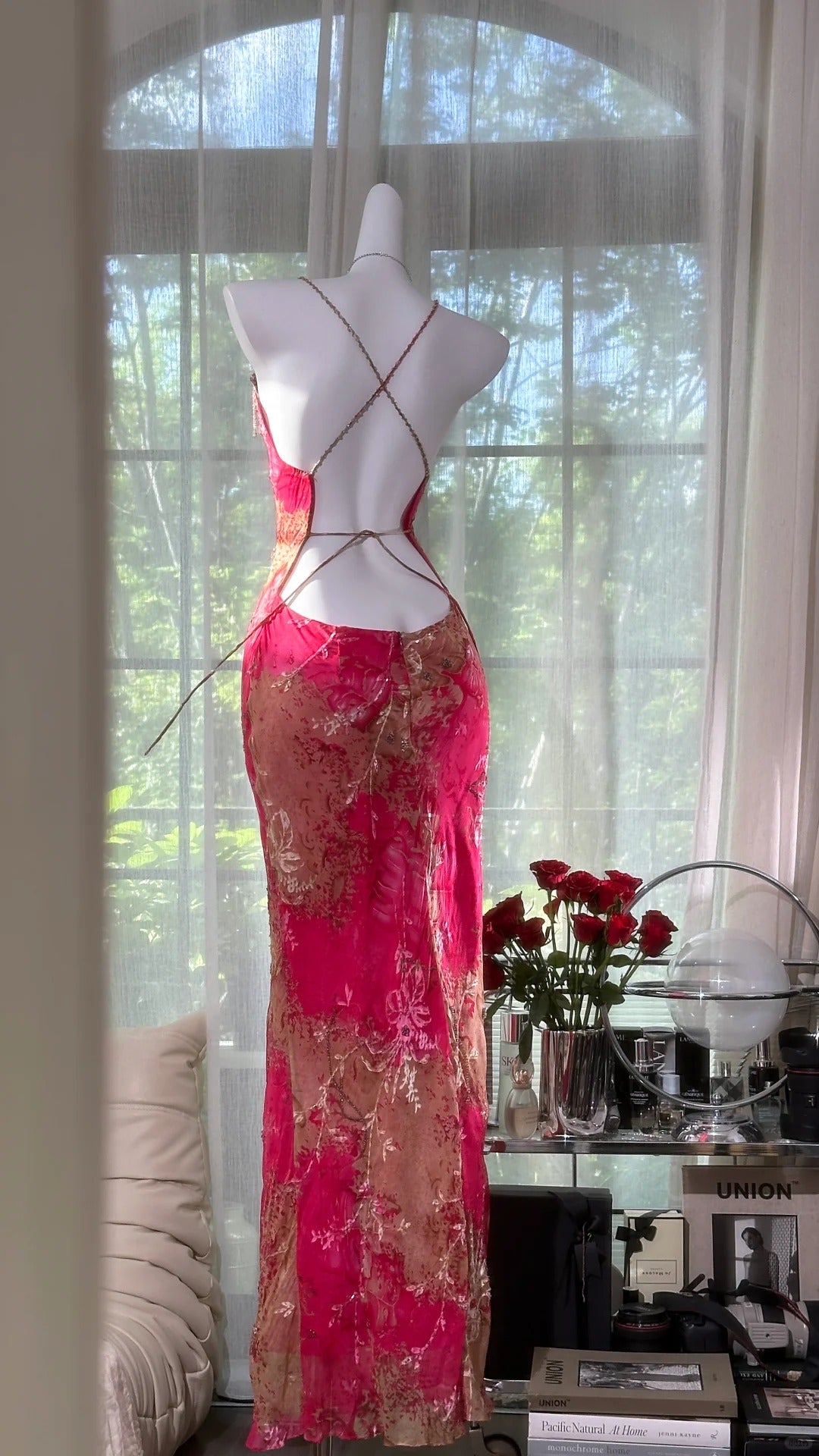 Vintage Rose Pink Floral Mermaid  Backless Chiffon Long Prom Dress Evening Dress P4034