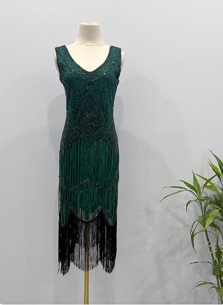 Vintage königsblaues / smaragdgrünes, figurbetontes Spaghetti-Träger-Fransen-Pailletten-Midi-Ballkleid Abendkleid P4341
