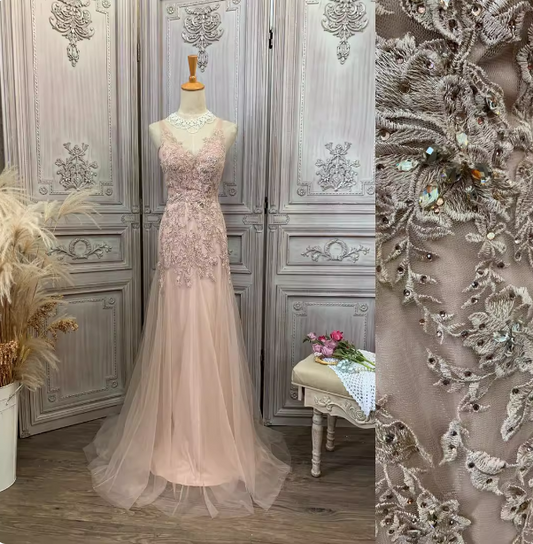 Elegantes rosa Meerjungfrau V-Ausschnitt Spitzenstickerei Tüll langes Ballkleid Abendkleid P4346