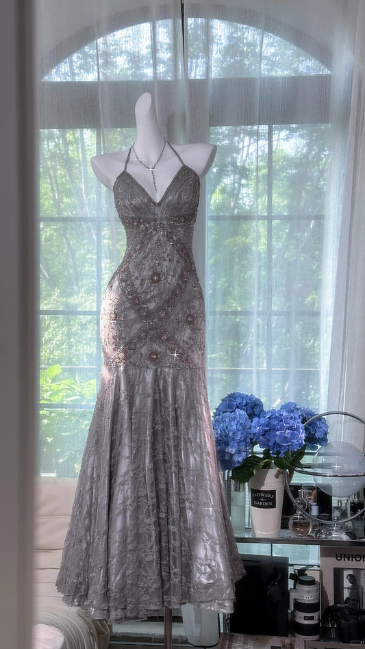 Vintage Silver-grey Mermaid  Backless Beaded Lace Long Prom Dress Evening Dress P4036