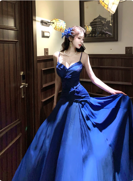 Robe de Soirée/Bal de Promo Longue en Mousseline de Soie Bleu Roi Vif Coupe Trapèze à Bretelles Fines avec Nœuds P4378