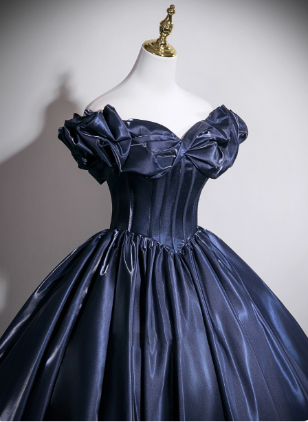 Robe de soirée bustier en satin bleu marine vintage avec épaules dénudées, robe de bal, robe de Sweet 16 P4379