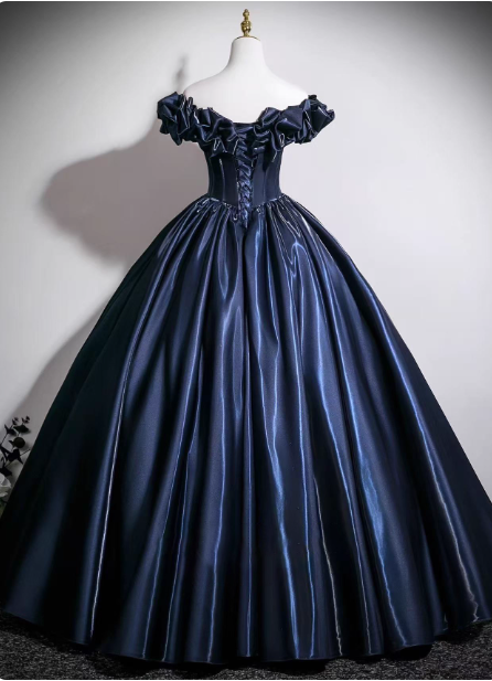 Vintage Marineblaues schulterfreies Satin Ballkleid Abendkleid Sweet 16 Kleid P4379