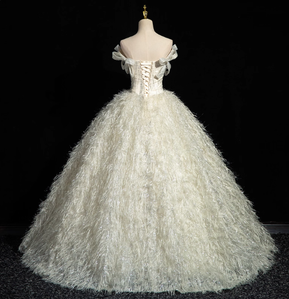 Princess Milk White Bowknot Off-the-Shoulder Feather Tulle Ball Gown Evening Dress Sweet 16 Dress P4396