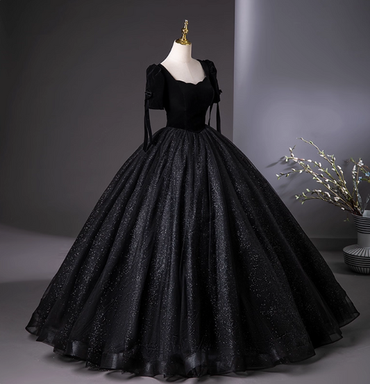 Vintage Black Puff Sleeve Velvet Shimmer Tulle Ball Gown Evening Dress Sweet 16 Dress P4397