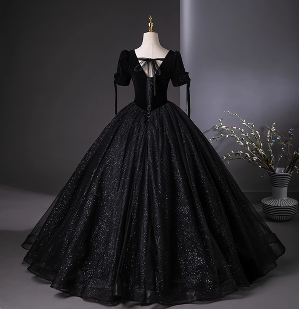 Vintage Black Puff Sleeve Velvet Shimmer Tulle Ball Gown Evening Dress Sweet 16 Dress P4397