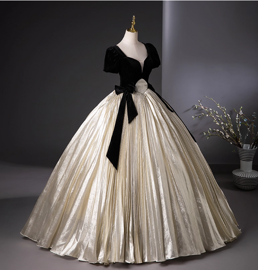 Vintage Court Black & Gold Color Block Bowknot Puff Sleeve Velvet Satin Ball Gown Evening Dress Sweet 16 Dress P4399