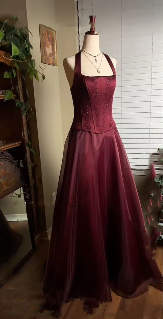Pretty A line Halter Burgundy Sleeveless Evening Dress Organza Long Prom Dresses P2334