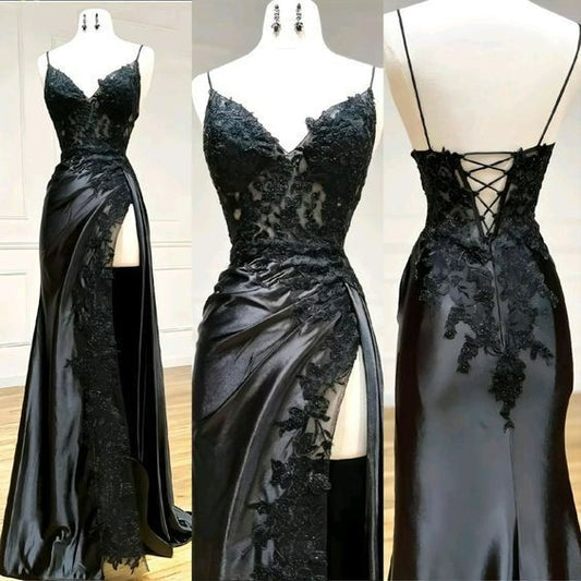 Black Floral Lace V-Neck Long Prom Dress with Slit Birthday Outfits P459