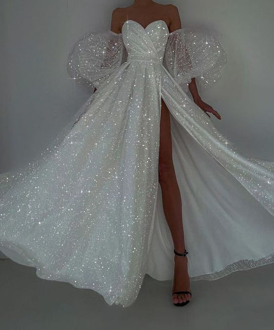 Sexy A line Sweetheart Off The Shoulder Tulle Slit Long Prom Dresses P504
