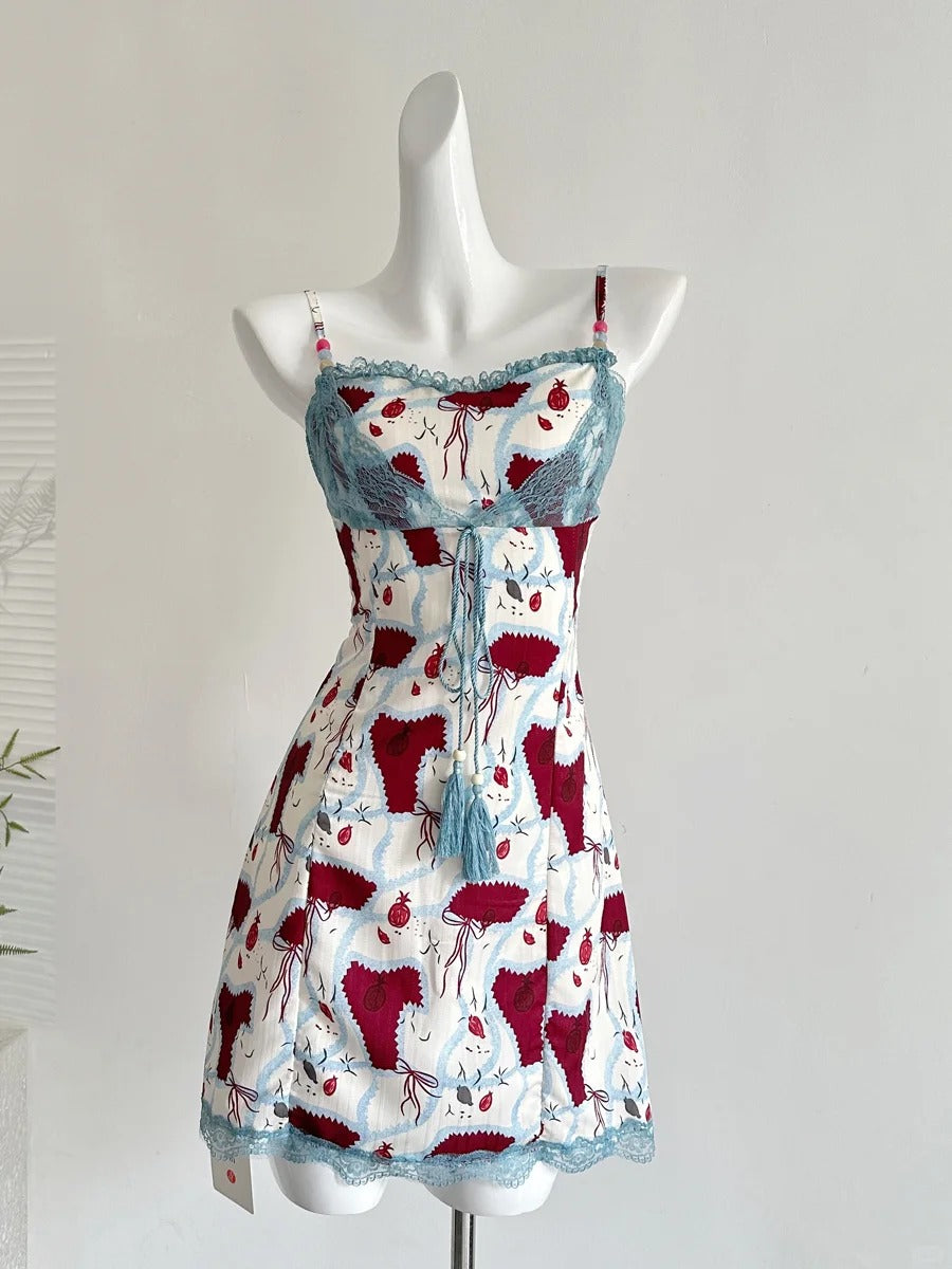 Retro Red White And Blue Contrast Print Slim Fit Mini Birthday Dress Homecoming Dress P3992