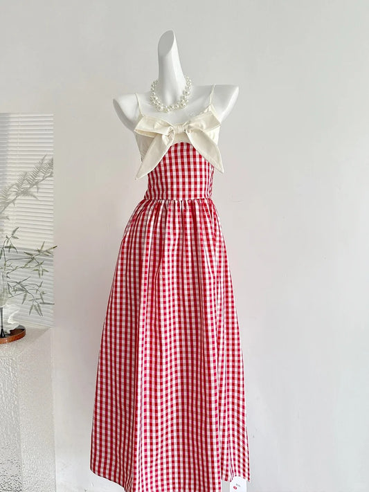 Retro Red And White Plaid A-line Bow Strap Long Prom Dress 17th Birthday Dress P4004