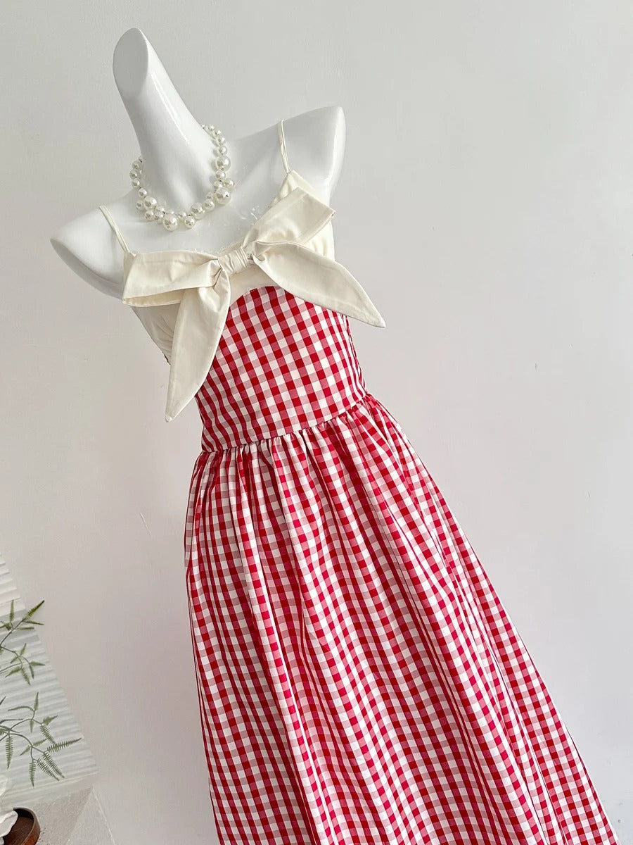 Retro Red And White Plaid A-line Bow Strap Long Prom Dress 17th Birthday Dress P4004