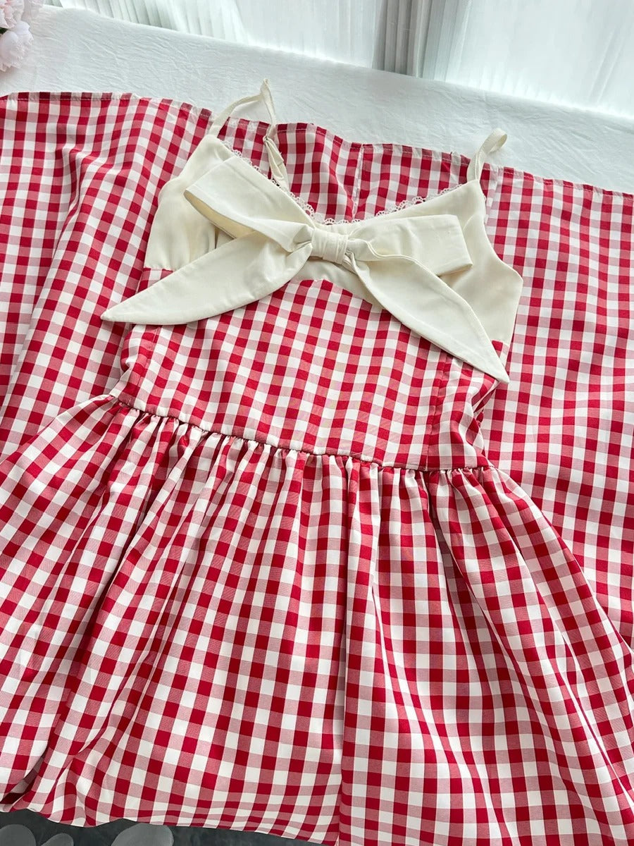 Retro Red And White Plaid A-line Bow Strap Long Prom Dress 17th Birthday Dress P4004